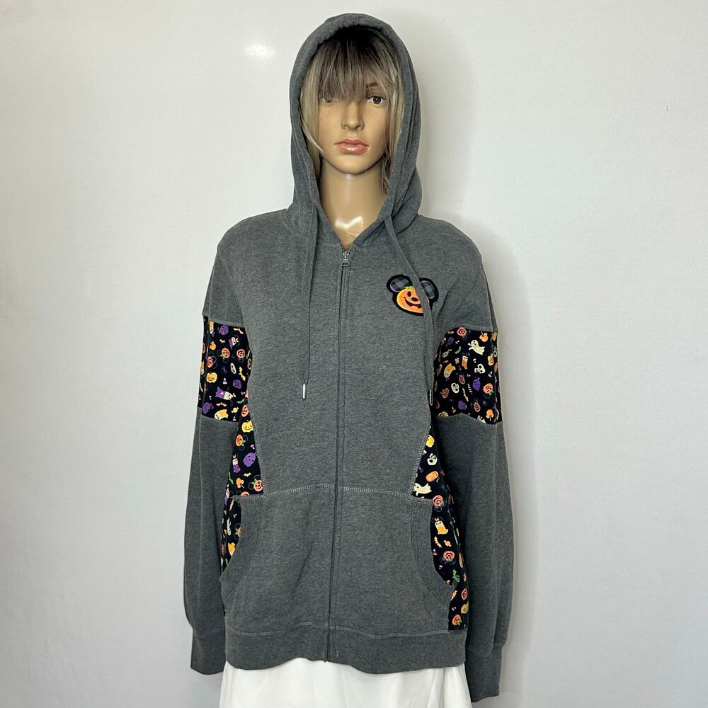 Disney Mickey Mouse Halloween Zip-Up Hoodie W Large Gray Pumpkin Ghost Hoodie